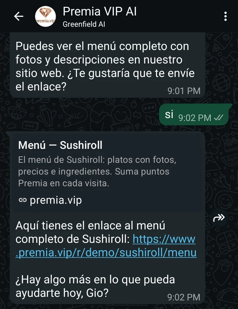 Conversación de WhatsApp: el asistente ofrece el menú completo, el cliente acepta y recibe el enlace al catálogo del restaurante