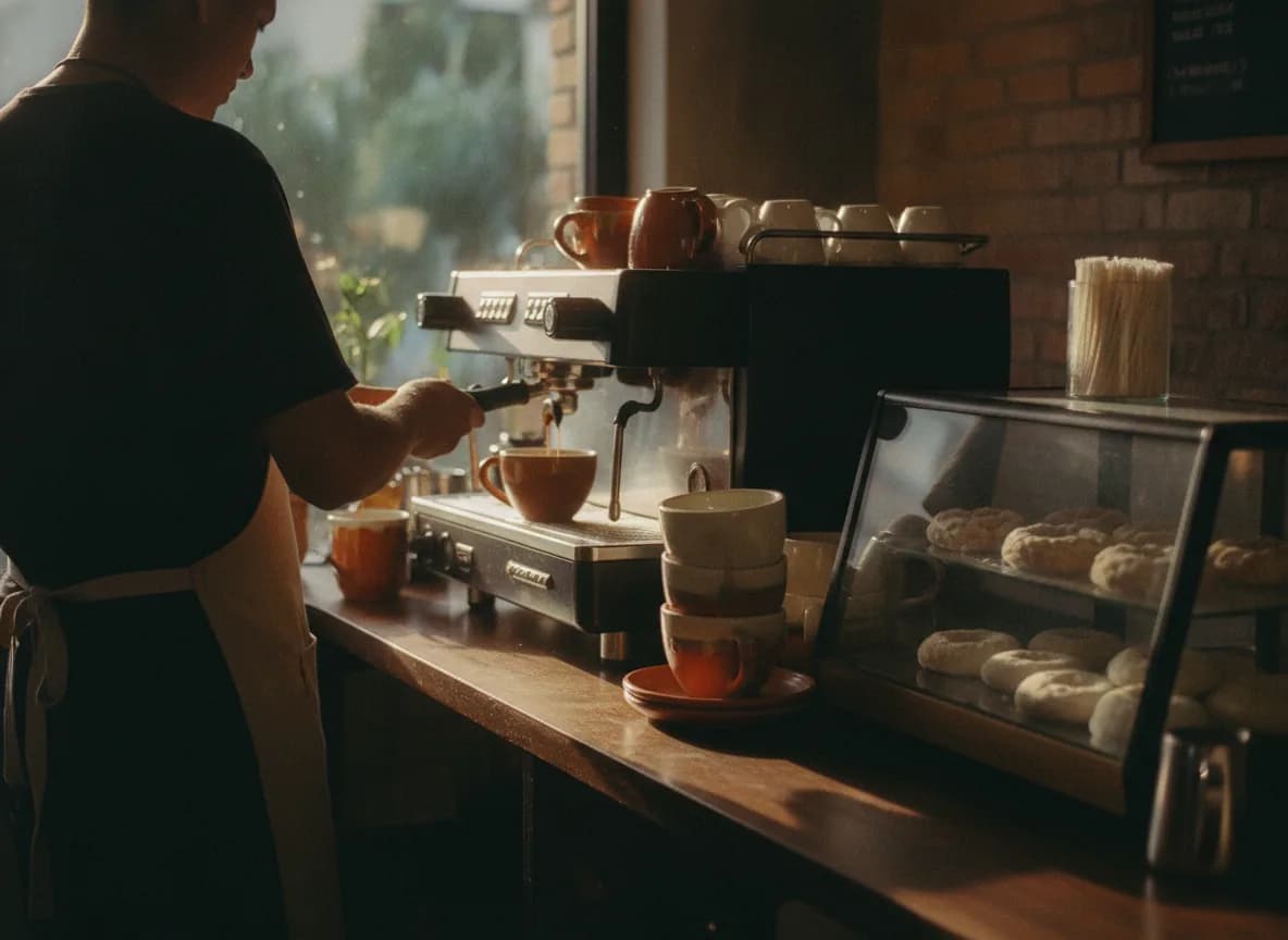 Barista preparando un café en la barra, con la vitrina de panadería al lado y luz de la mañana