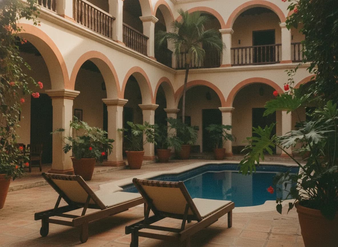 Patio de hotel colonial con arcos, buganvilias, tumbonas y una piscina pequeña