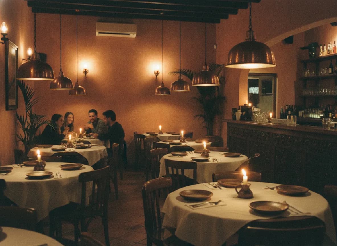Comedor de restaurante de noche, con lámparas de cobre, mesas con mantel blanco y velas encendidas