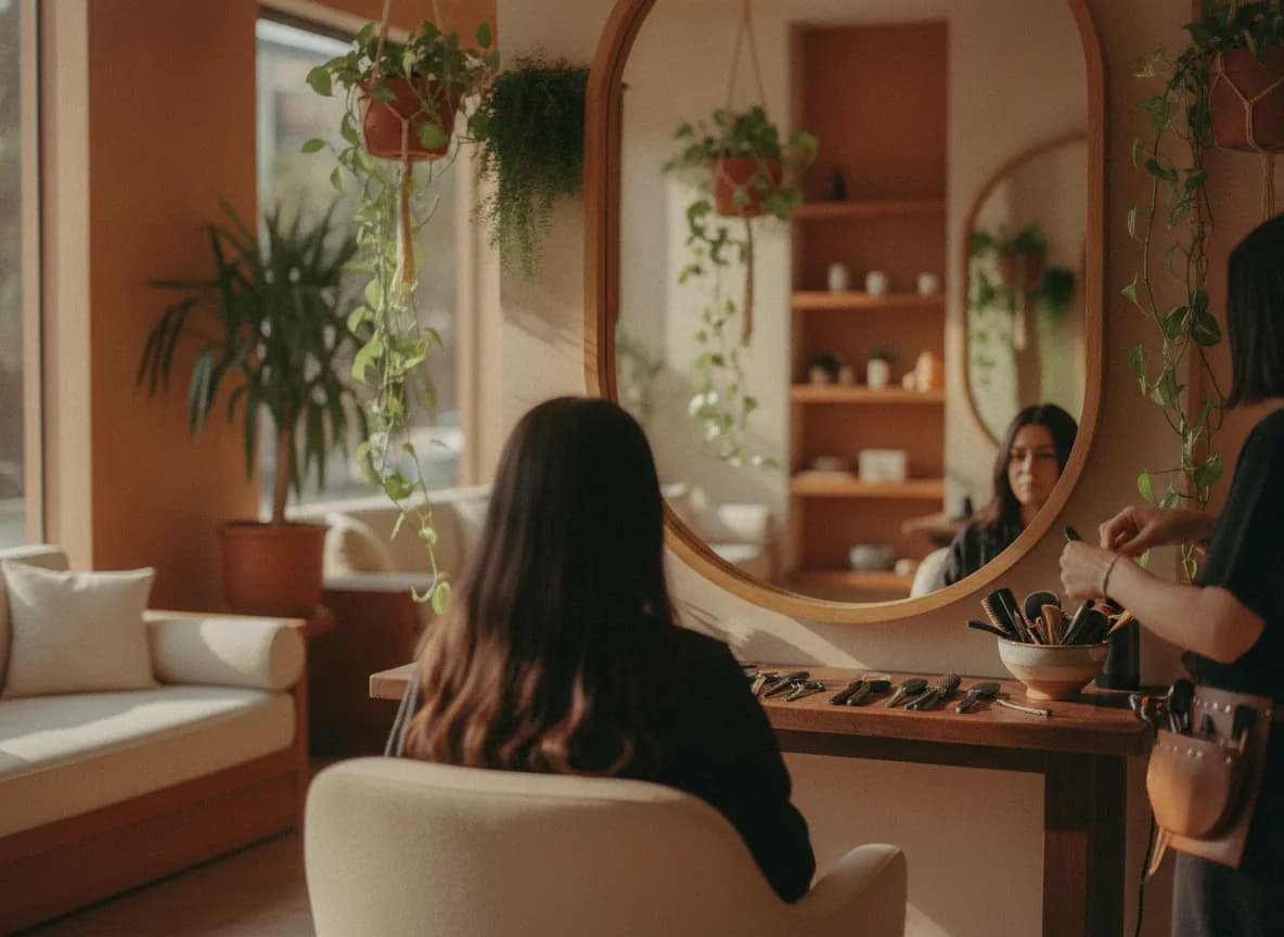 Clienta frente al espejo de un salón luminoso, con plantas colgantes y la estilista a su lado