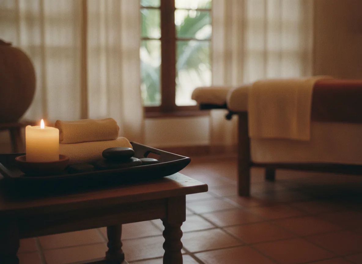 Sala de spa en calma: una vela encendida, toallas dobladas y piedras sobre una bandeja de madera