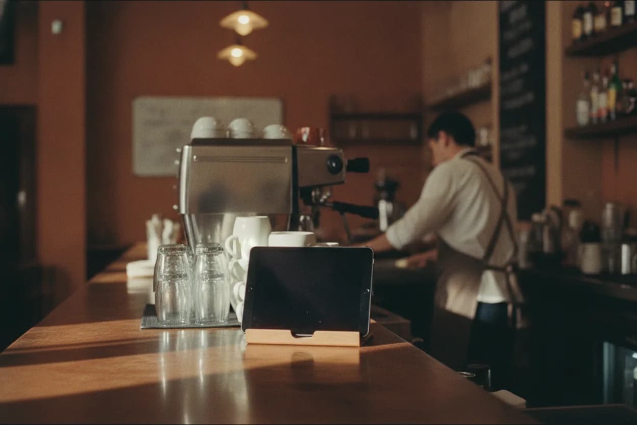 Barra de un café con una tablet sobre el mostrador y un barista trabajando al fondo