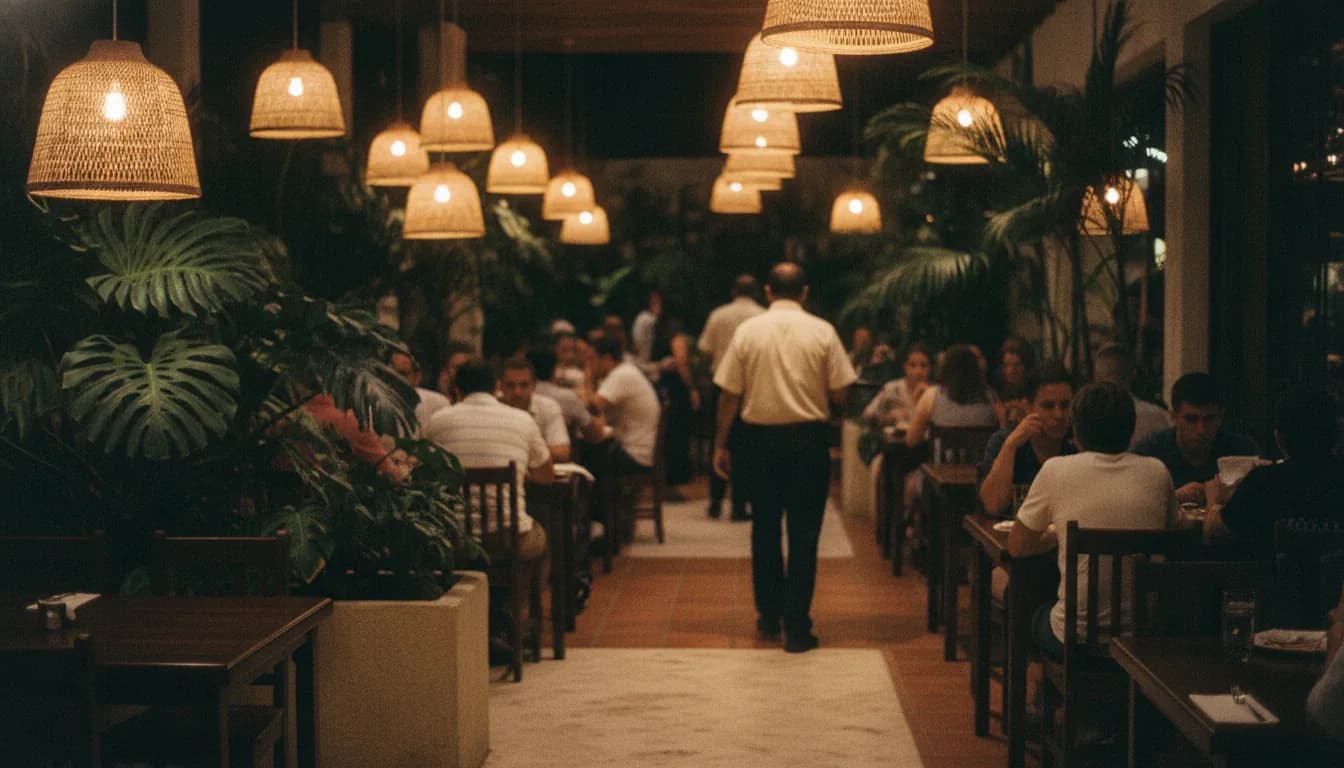Salón de un restaurante de noche, lleno, con un mesero caminando entre las mesas