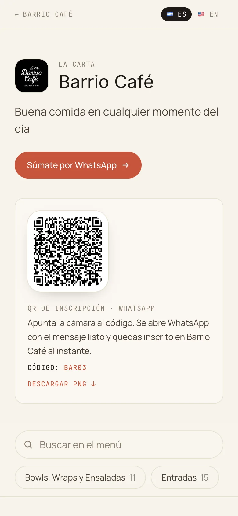 Carta pública de Barrio Café en el teléfono: el logo, el QR de inscripción con el código BAR03 y las categorías del menú con su número de platos