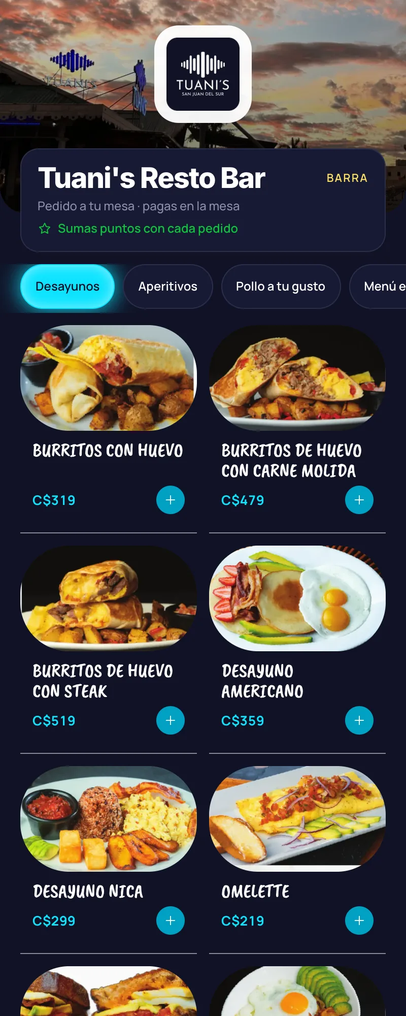 Carta de Tuani’s Resto Bar abierta desde el QR de la barra: la etiqueta BARRA, «Pedido a tu mesa · pagas en la mesa» y los desayunos con foto, precio en córdobas y un botón para agregar