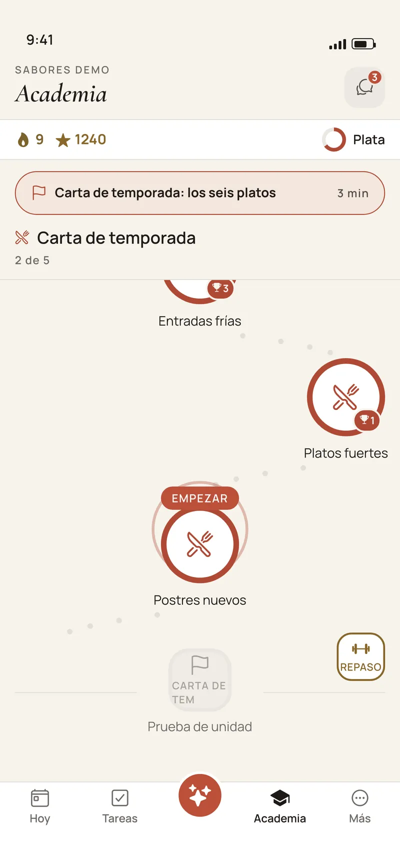Pantalla Academia de la app Premia Teams: el camino de lecciones cortas, con racha y nivel