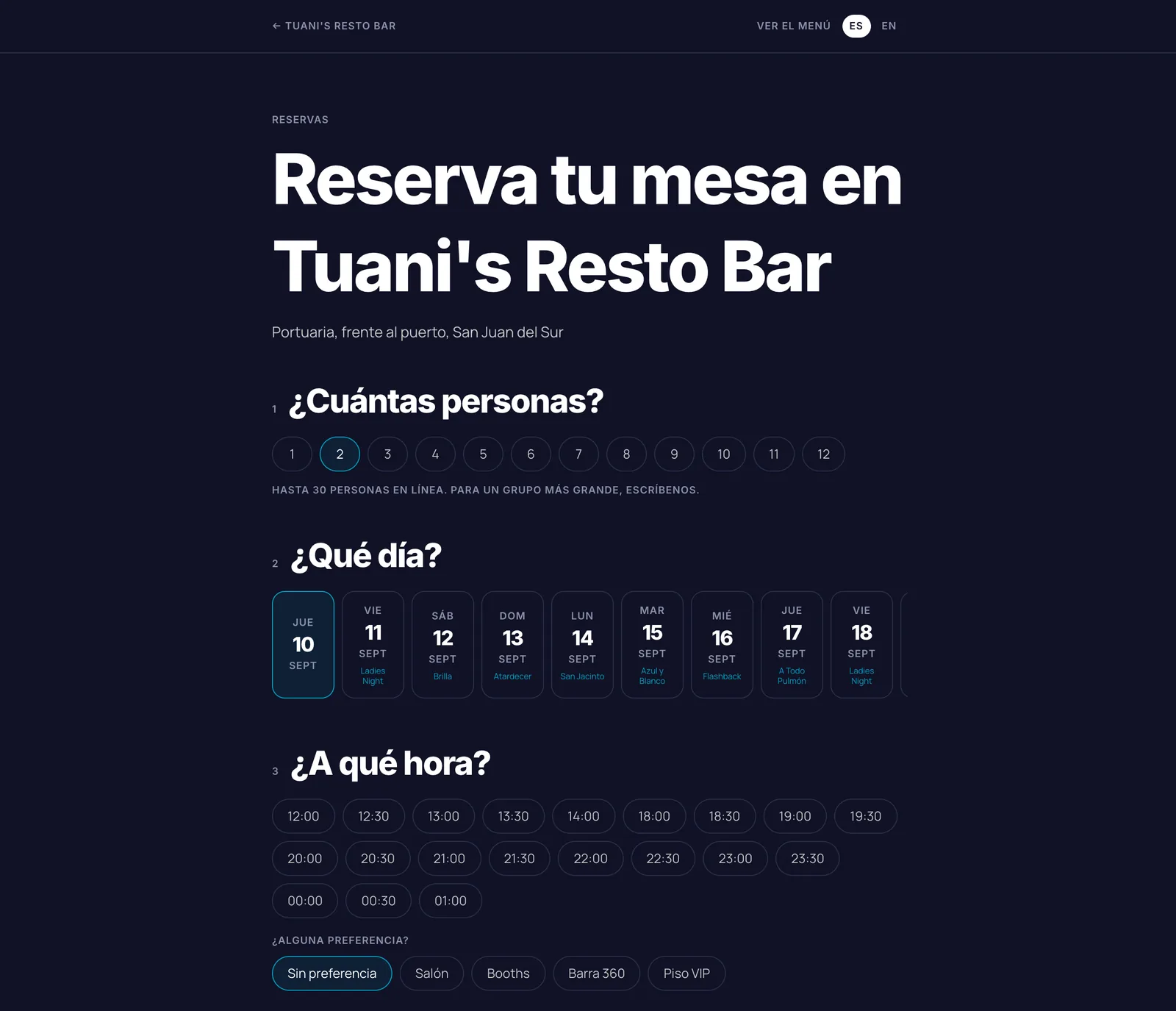 Página pública de reservas de Tuani’s Resto Bar: cuántas personas, los días con el nombre de la noche, las horas y las preferencias de salón