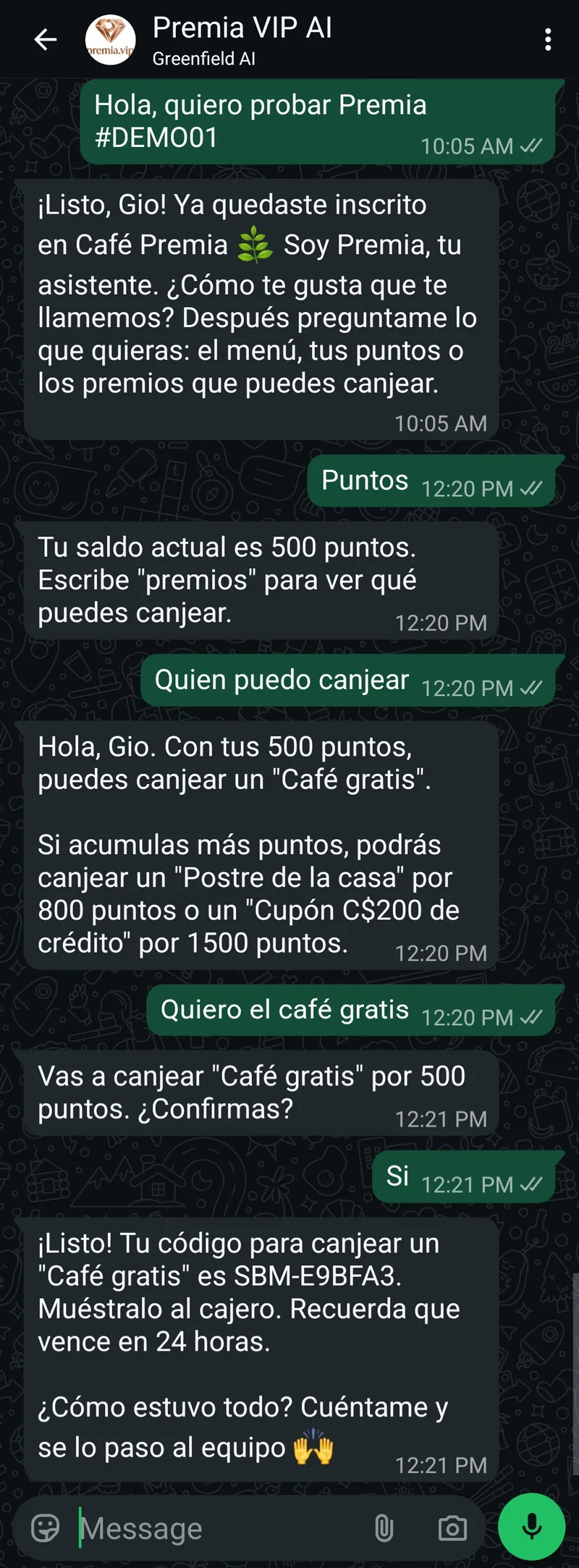 Conversación con la línea pública de demostración de Premia: el cliente consulta su saldo, pide un premio y recibe el código para canjearlo