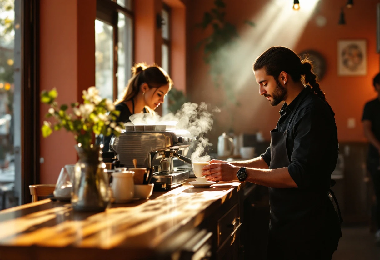 Barista entregando un café en una cafetería cálida con luz natural